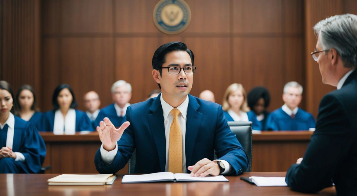 A courtroom with a lawyer presenting evidence and arguing before a judge