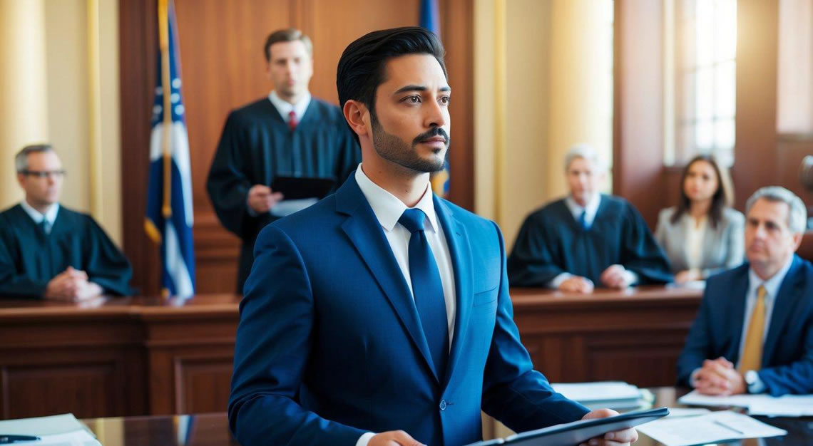 A DUI attorney standing in front of a courtroom, confidently presenting evidence and arguments to a judge and jury