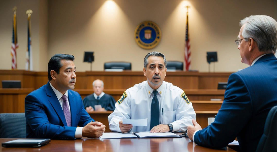 A courtroom with a judge, a defendant, and a DUI lawyer presenting evidence and arguing for leniency to avoid jail time in Arizona