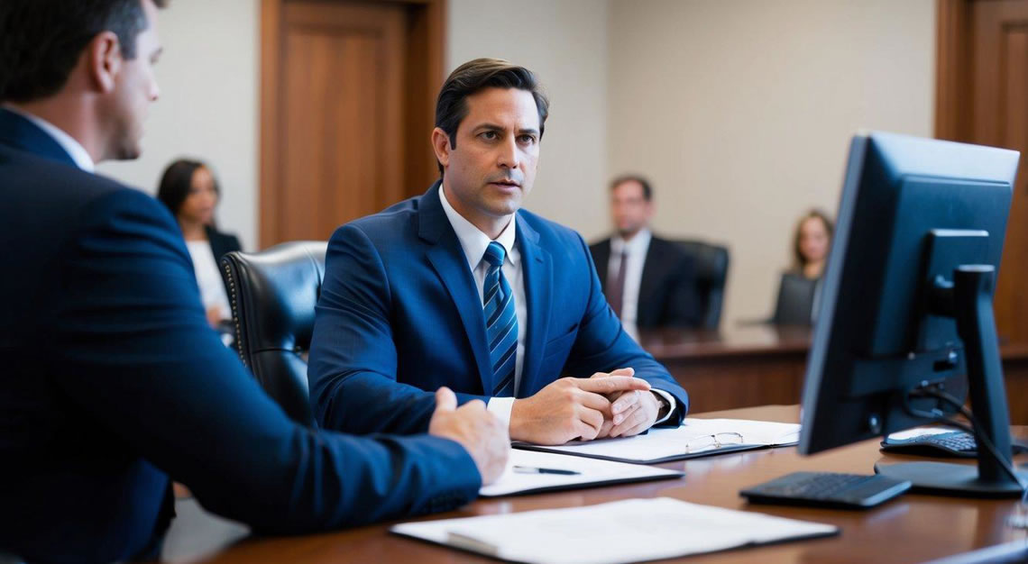 A courtroom scene with a lawyer defending a client facing a DUI charge in Arizona