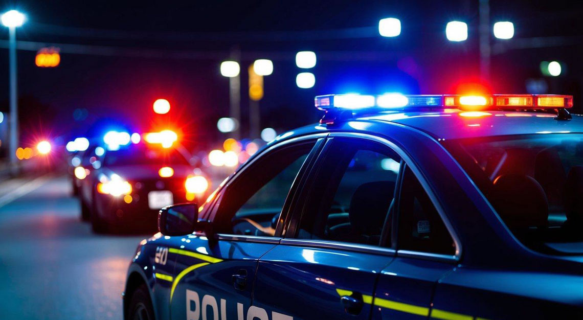 A car pulled over by police with flashing lights at night