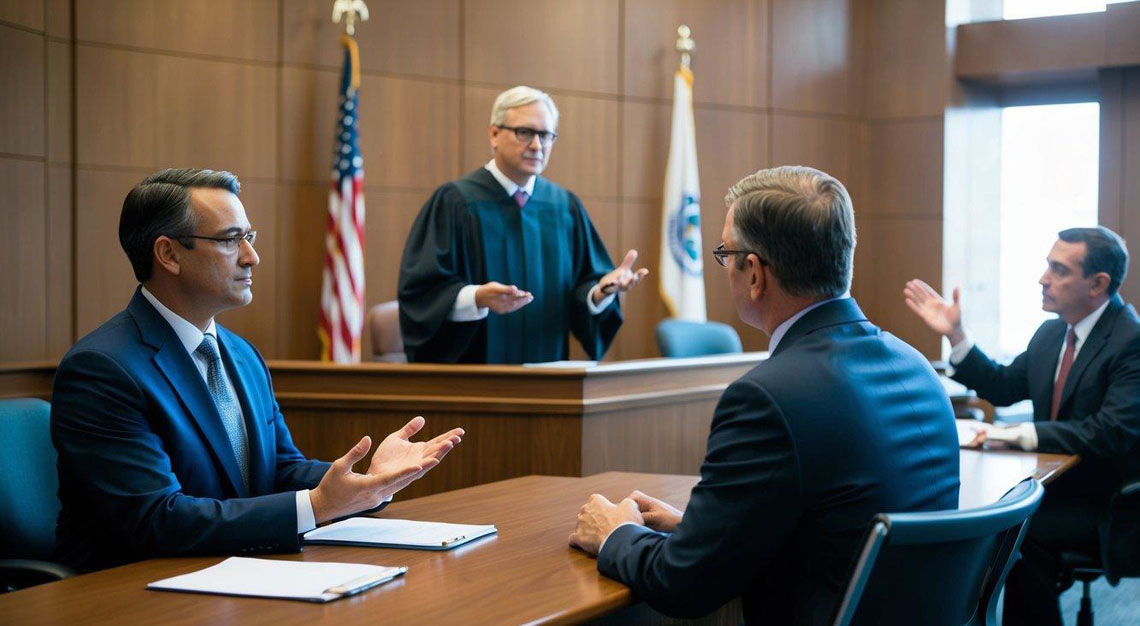 A courtroom with a judge presiding, a defense attorney presenting evidence, and a prosecutor arguing against dismissal