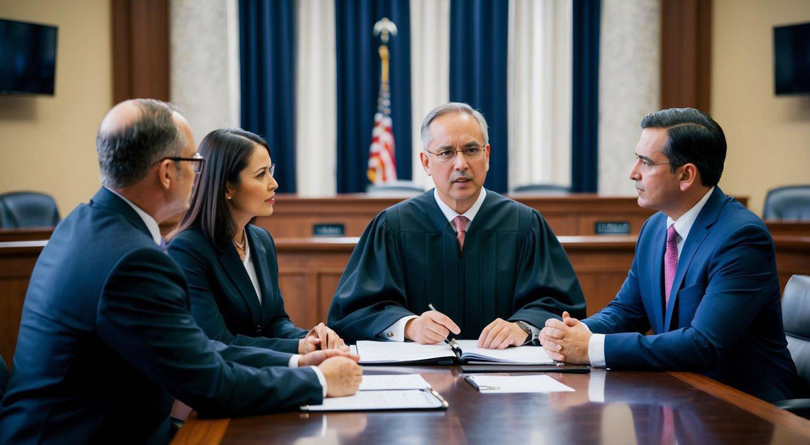 A courtroom with a judge, defense attorney, and prosecutor discussing DUI case options and legal representation